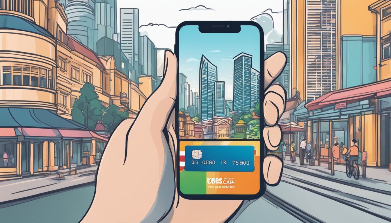 A hand holding a DBS credit card with cashback rewards displayed on a mobile phone screen. The background includes iconic Singapore landmarks