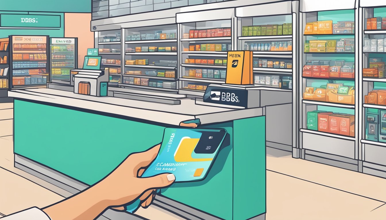 A hand swipes a DBS Live Fresh Card at a store, earning cashback. Bright, modern surroundings suggest a trendy urban setting in Singapore