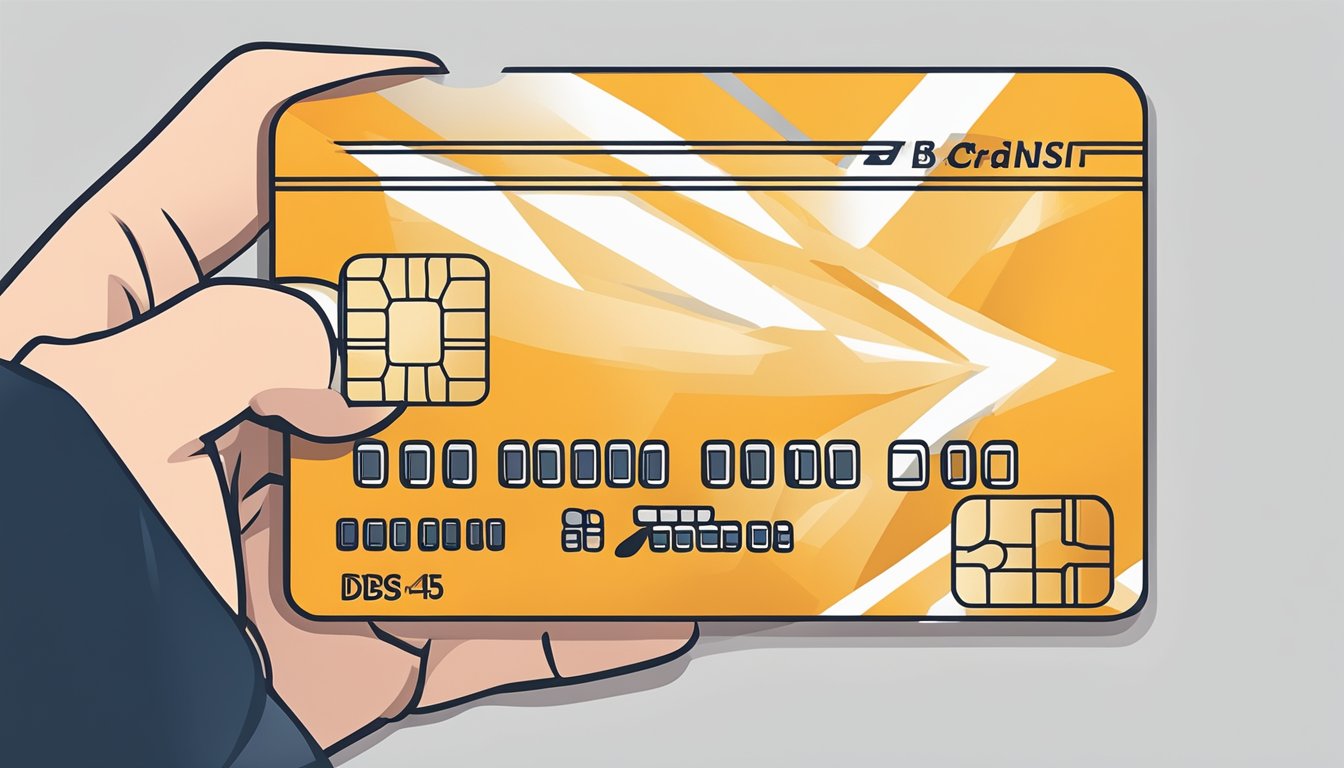 A hand holding a dbs credit card, with fine print details visible, and a cashback reward symbol displayed prominently