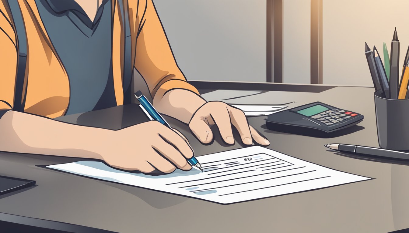 A person fills out a credit card application form with a pen at a desk. The DBS logo is visible on the form