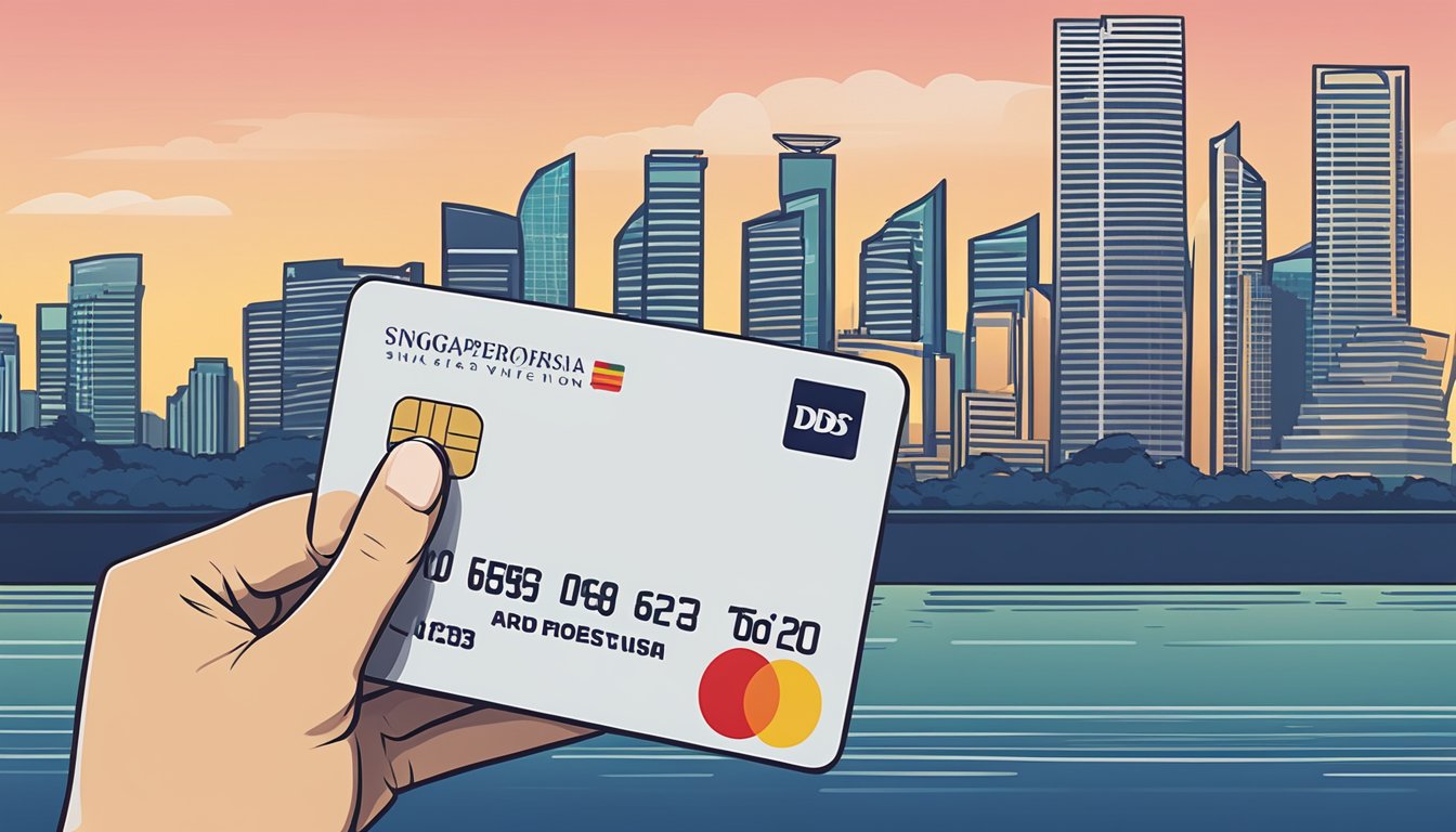 A hand holding a DBS credit card, with a Singaporean skyline in the background