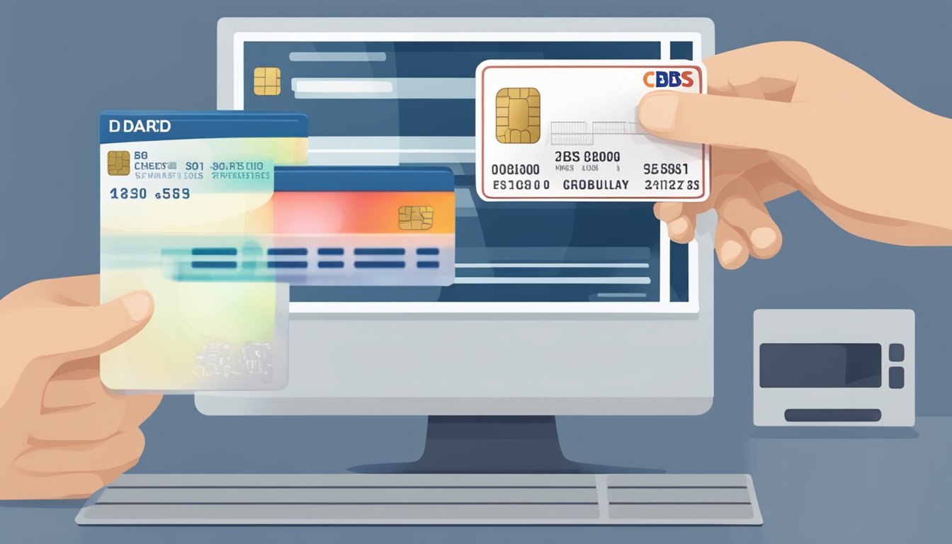 A hand holding a Singaporean ID card next to a computer screen displaying DBS credit card eligibility criteria