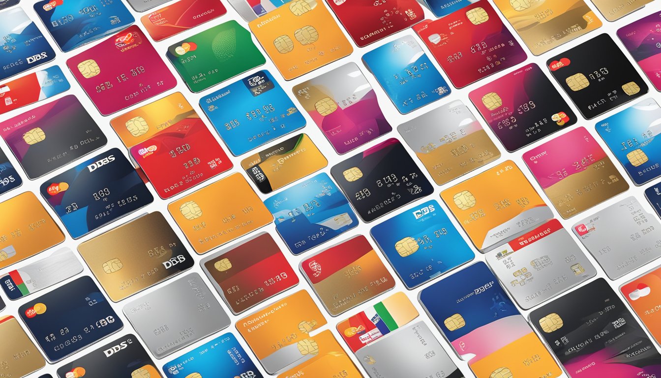 A stack of DBS credit cards arranged neatly with the DBS logo prominently displayed in the center. Each card represents a different type of credit card offered by DBS, showcasing the variety of options available to potential customers