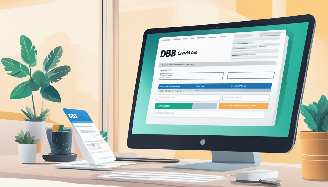 A person fills out a DBS credit card application form online, checking eligibility requirements. The computer screen shows the DBS website with a credit card application page