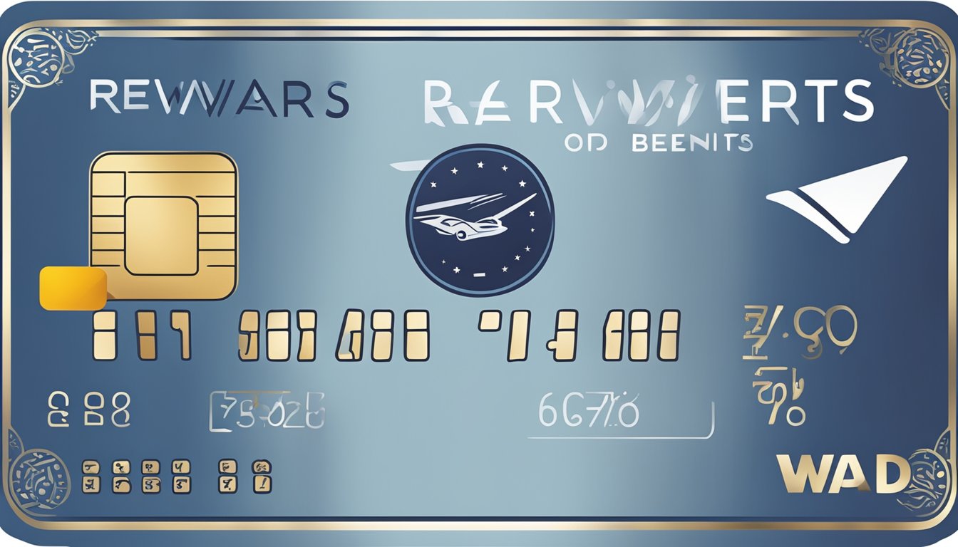 A gleaming credit card with "Rewards and Benefits" emblazoned on it, surrounded by symbols of travel, shopping, dining, and entertainment