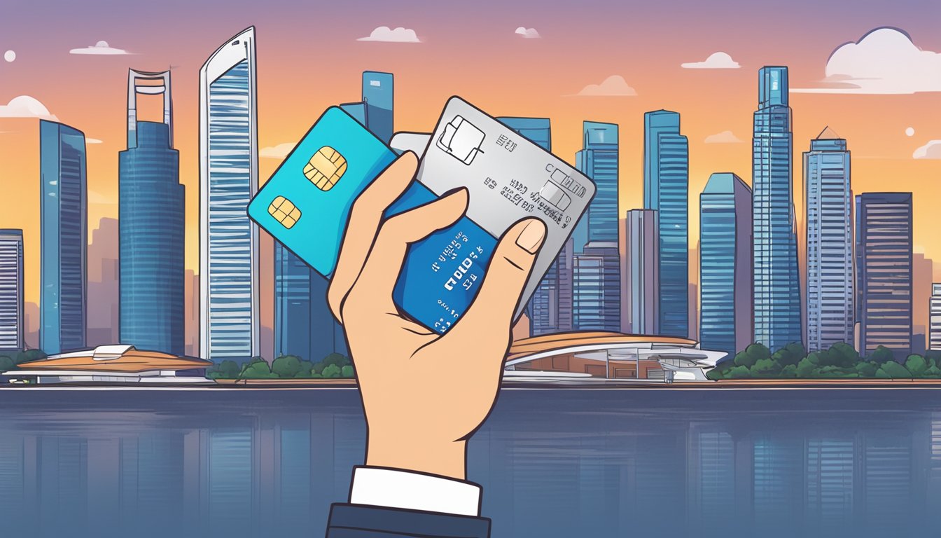 A hand holding a credit card with a Singaporean skyline in the background, surrounded by frequently asked questions about DBS credit card eligibility