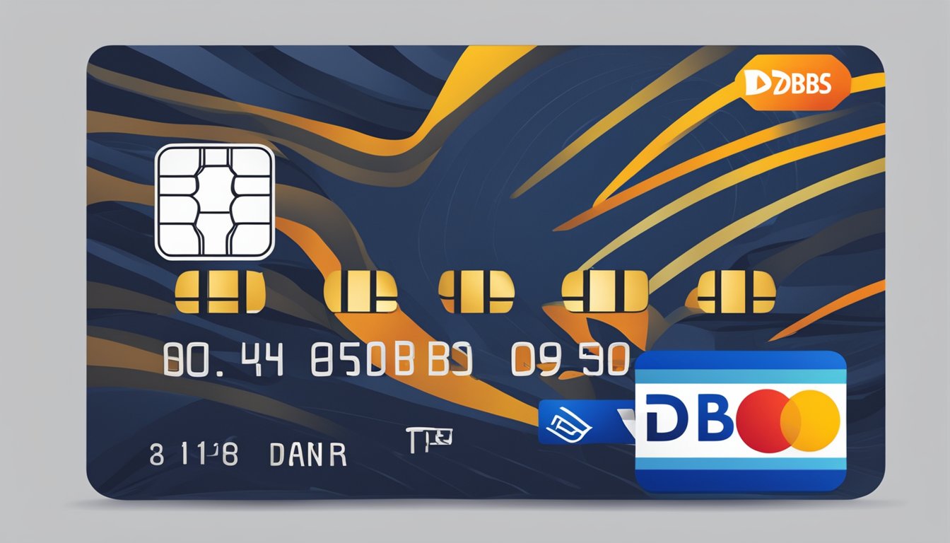 A credit card with "DBS" logo and a "fee waiver" message on a Singaporean background