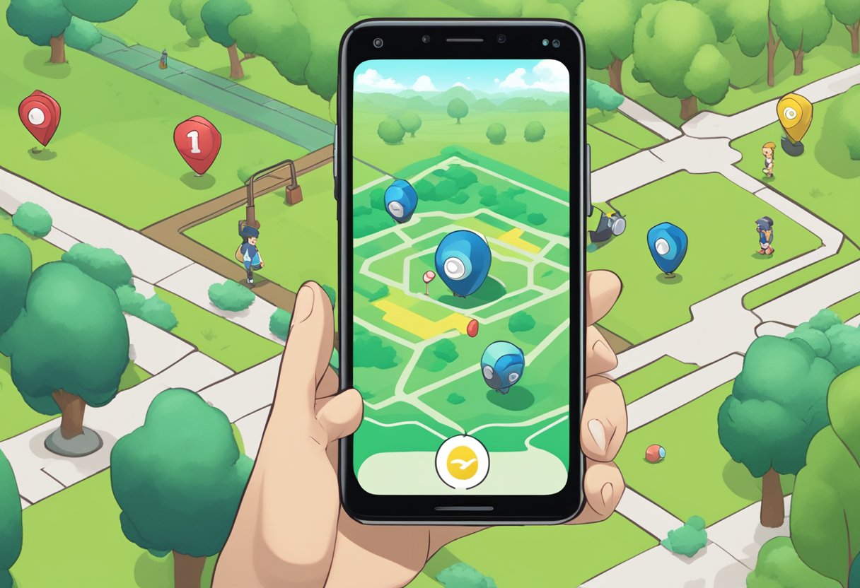 A smartphone displaying "Error 11" in Pokémon GO with a puzzled expression. The background shows a park with PokéStops and Gyms