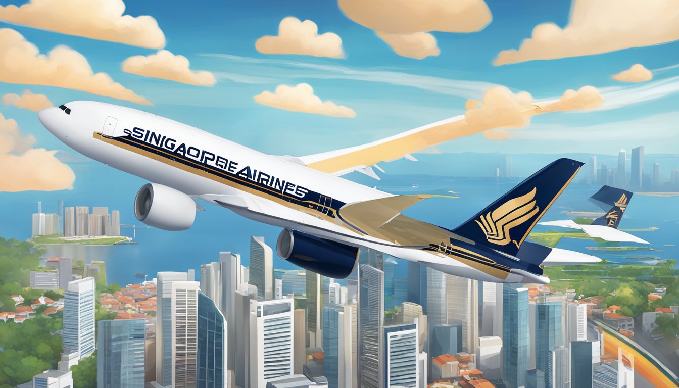 A Singapore Airlines plane soaring above the iconic Singapore skyline, with a DBS credit card and KrisFlyer miles logo prominently displayed