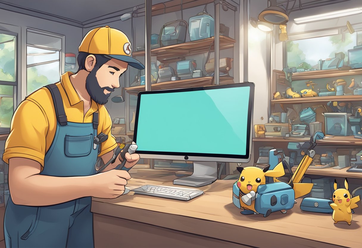 A technician repairs a malfunctioning Pokemon Go shop, using tools and a computer to troubleshoot and fix the issue