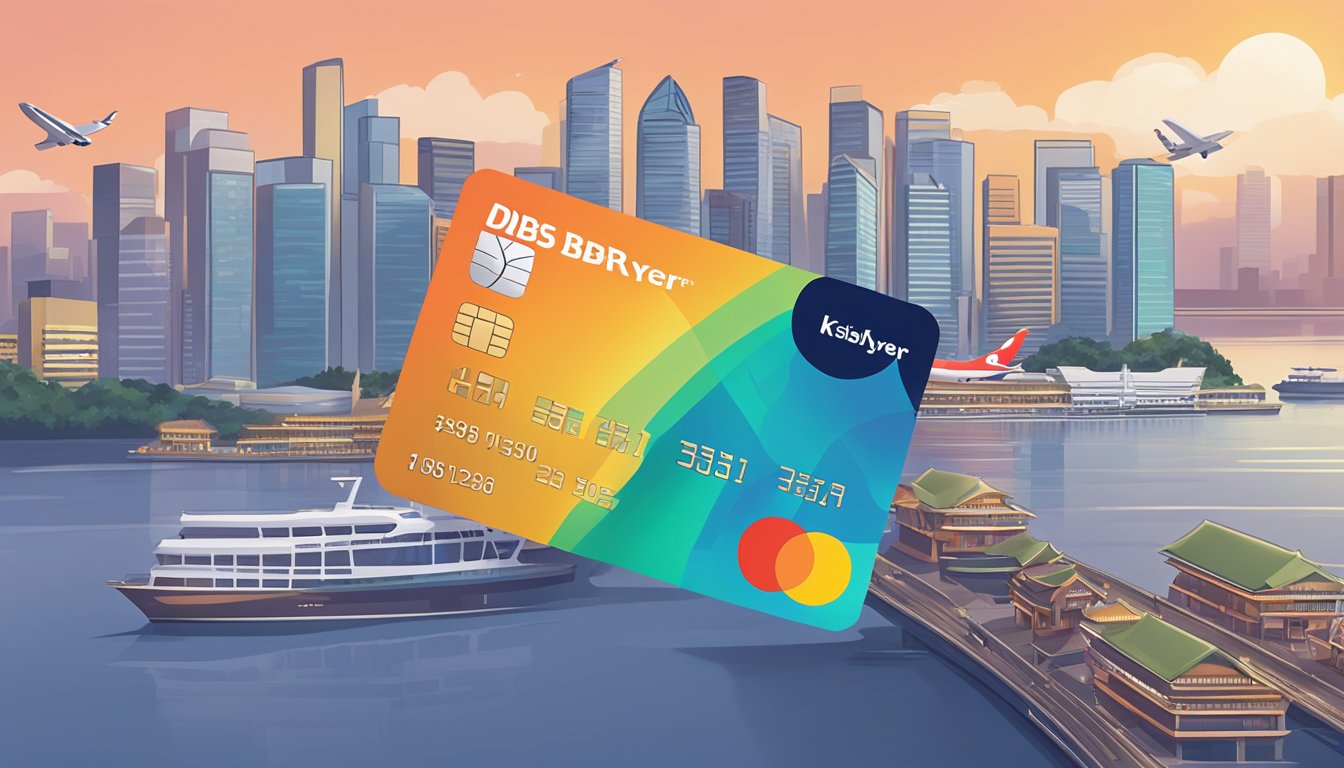 A DBS credit card surrounded by a pile of KrisFlyer miles, with a Singapore skyline in the background