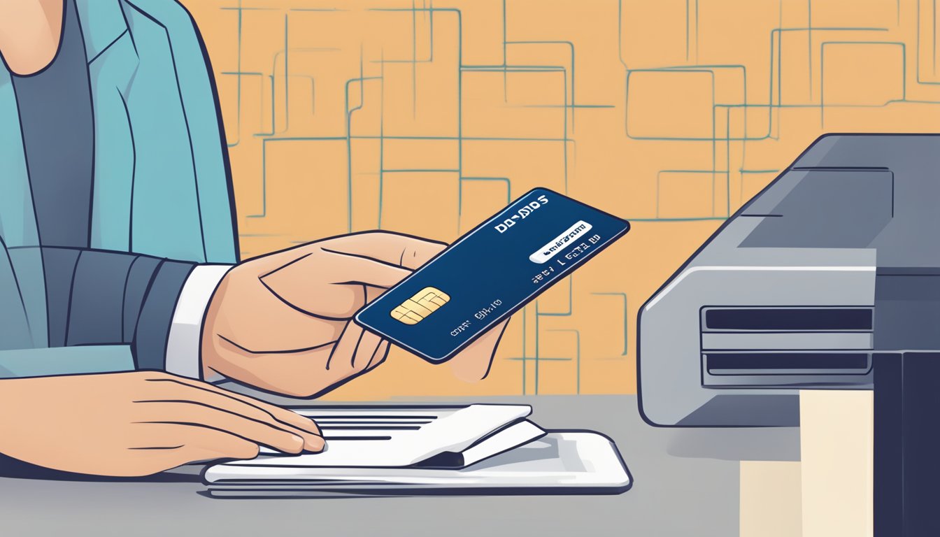 A hand swipes a DBS credit card, while KrisFlyer miles seamlessly transfer to a digital account