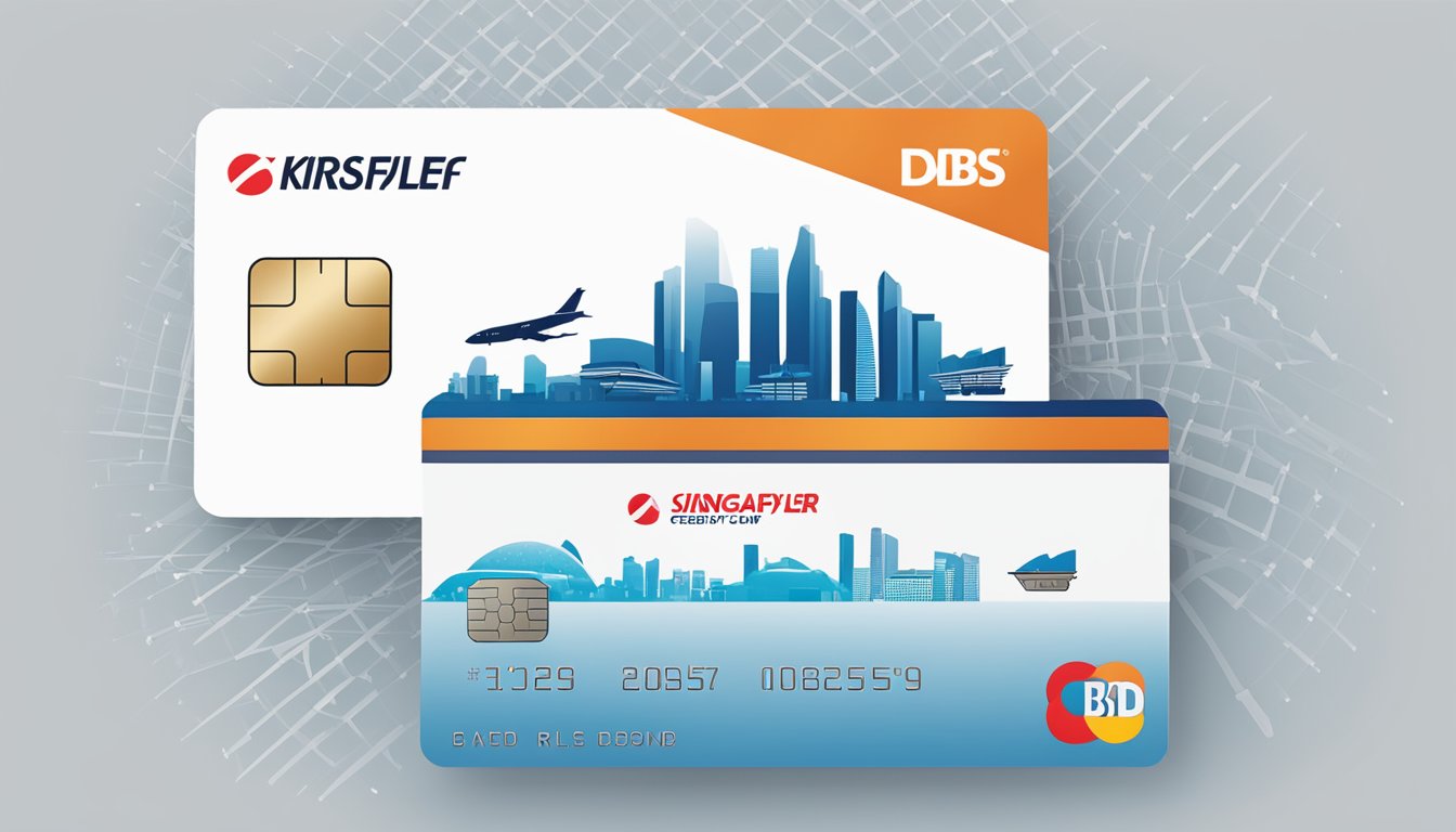 A dbs credit card and krisflyer miles logo with a singapore skyline in the background, showcasing partnership and promotions