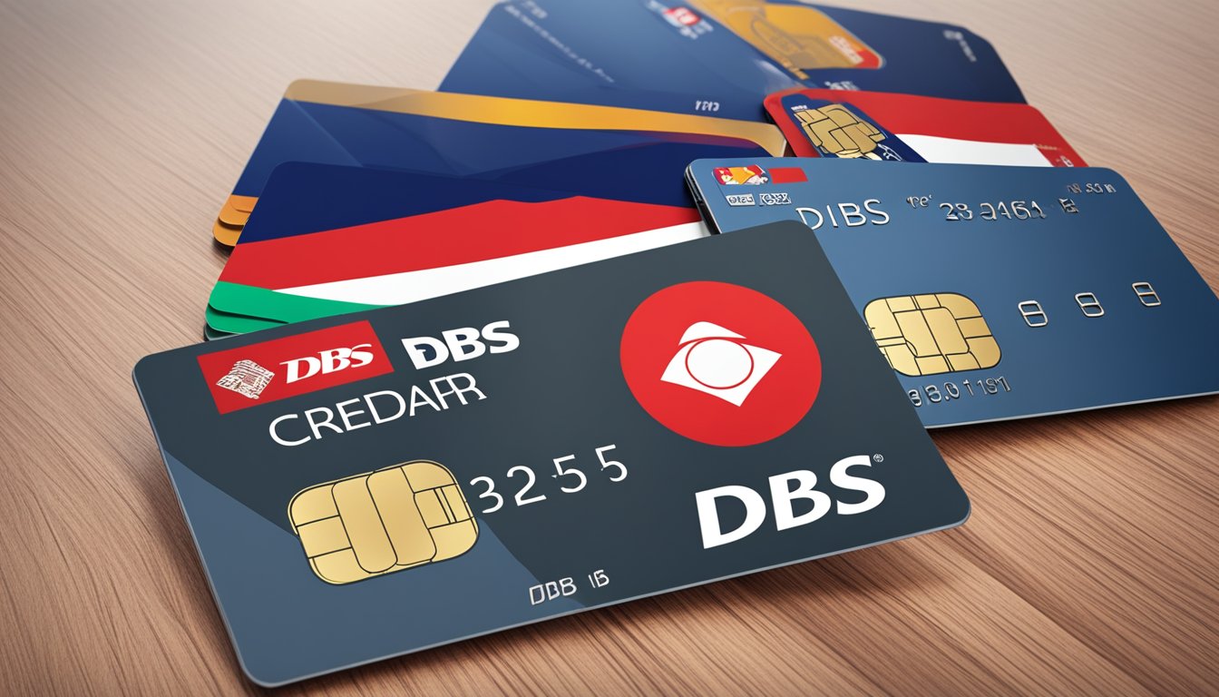 A stack of DBS credit cards arranged on a sleek, modern surface, with the DBS logo prominently displayed. A Singaporean flag in the background