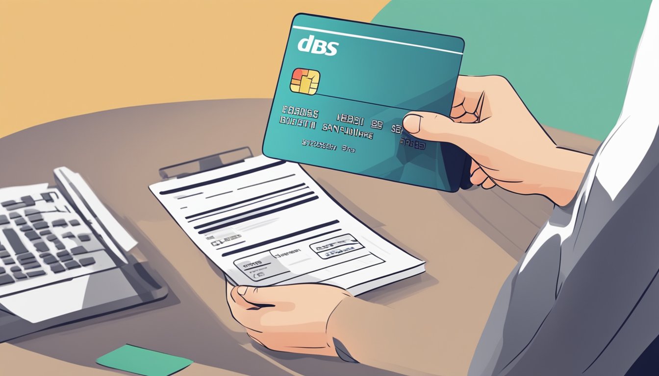 A person filling out a credit card application form with a DBS logo in the background