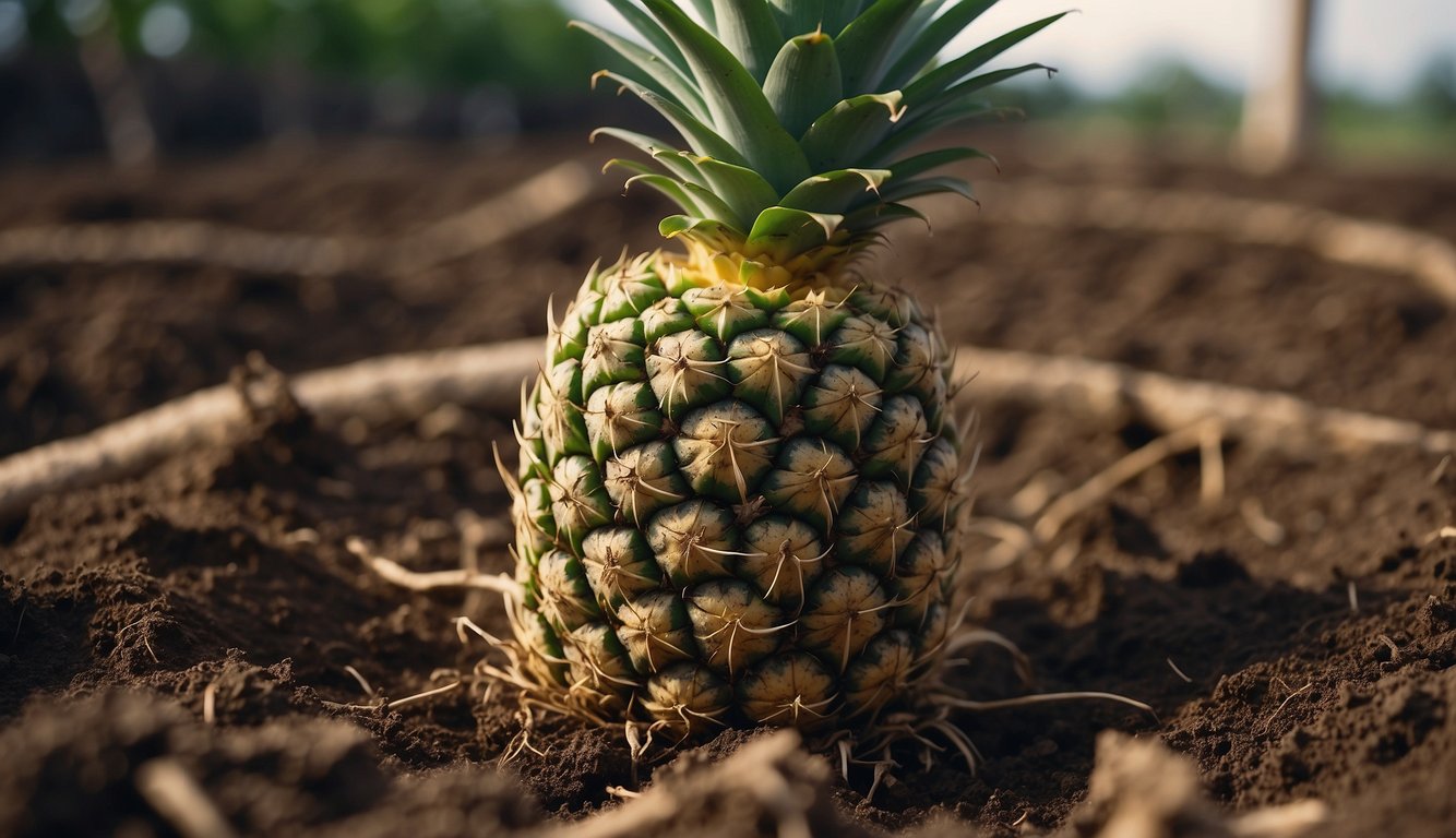 A pineapple top is placed in soil, with roots growing and leaves sprouting