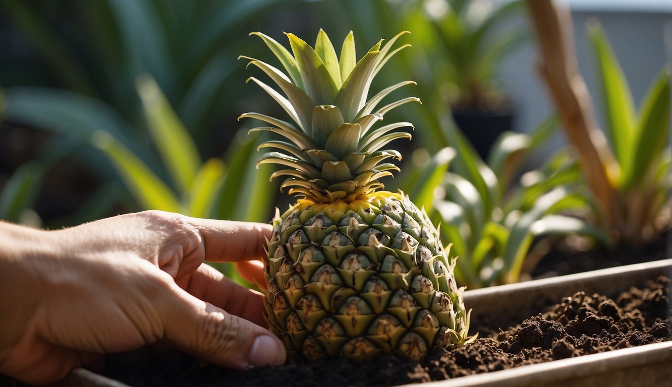Pineapple top placed in water, roots growing. Soil prepared in pot. Hand holding top, planting in soil. Sunlight shining on pot