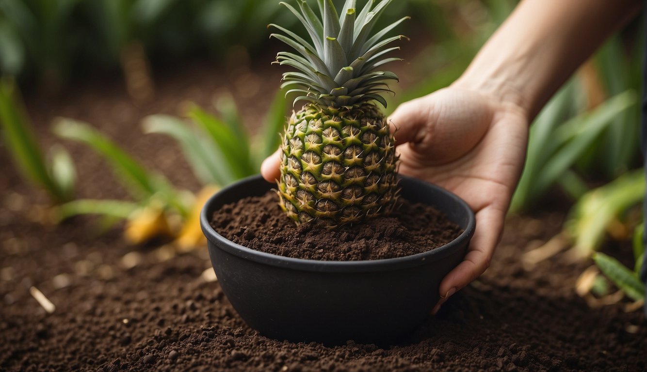 A hand holds a pineapple top over a pot of soil. The top is gently placed into the soil, and the hand lightly covers it with more soil