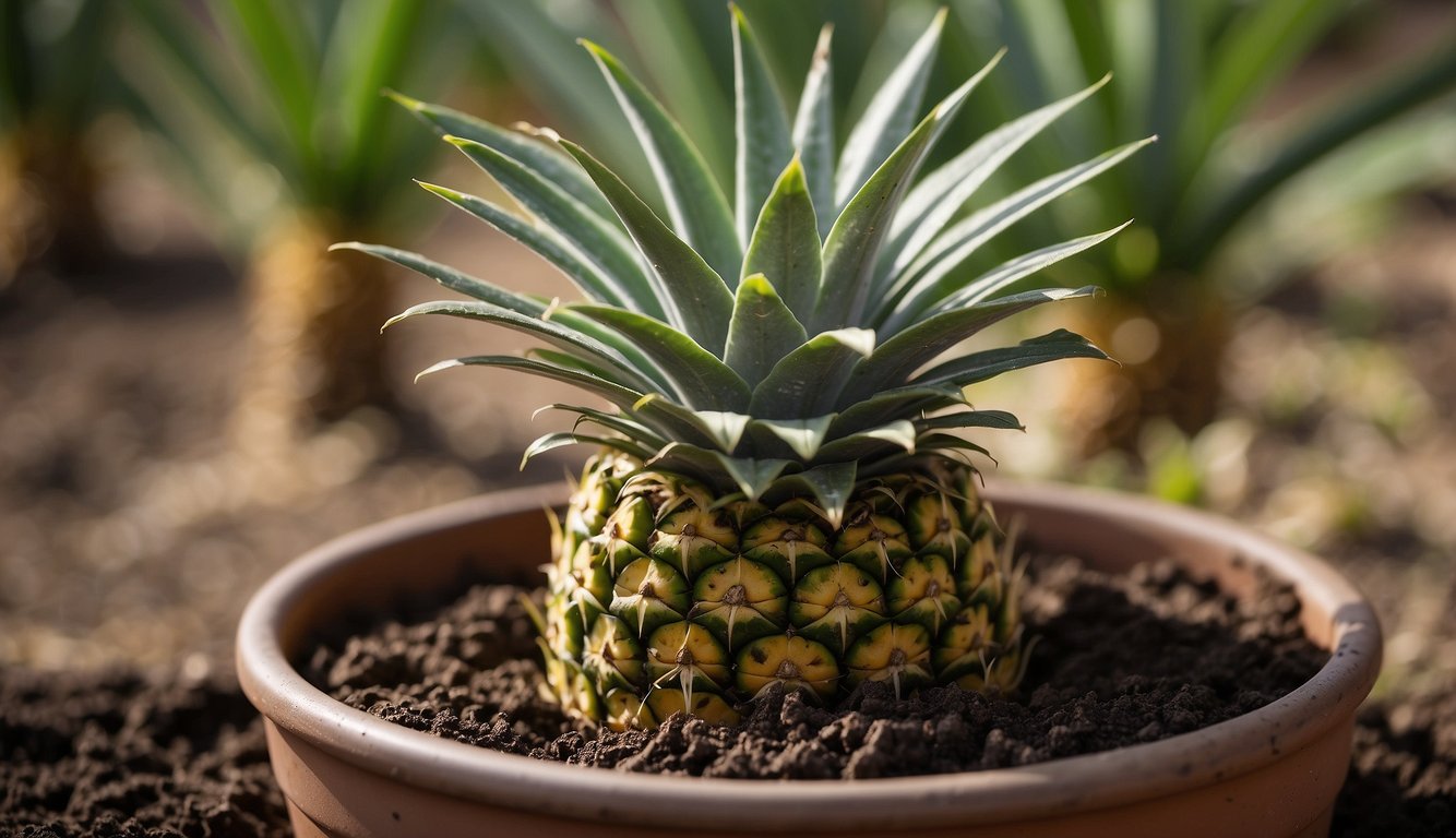 A pineapple top is placed in a pot of soil, watered, and given sunlight. Over time, roots and leaves emerge, growing into a healthy pineapple plant