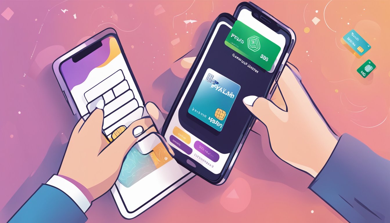 A hand holding a DBS PayLah! app on a smartphone, with a DBS credit card and points floating above it, showcasing the benefits of using the app for rewards