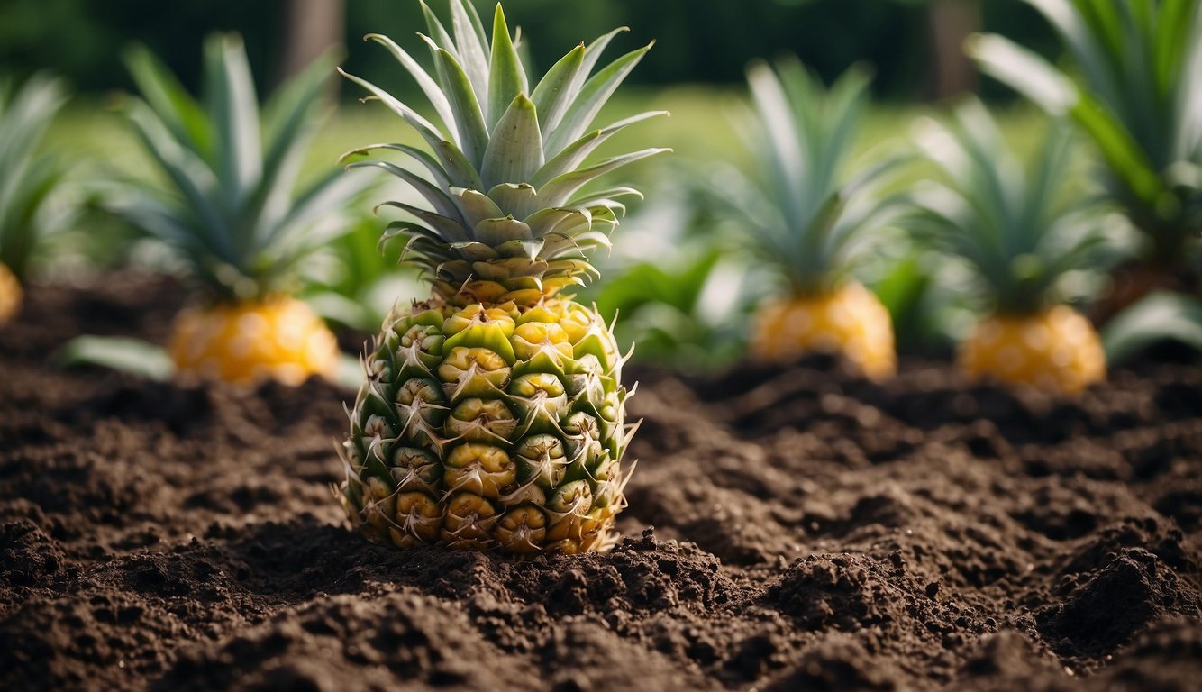 Pineapple top planted in soil, watered regularly, and placed in sunny location. Roots develop, leaves grow, and fruit eventually appears