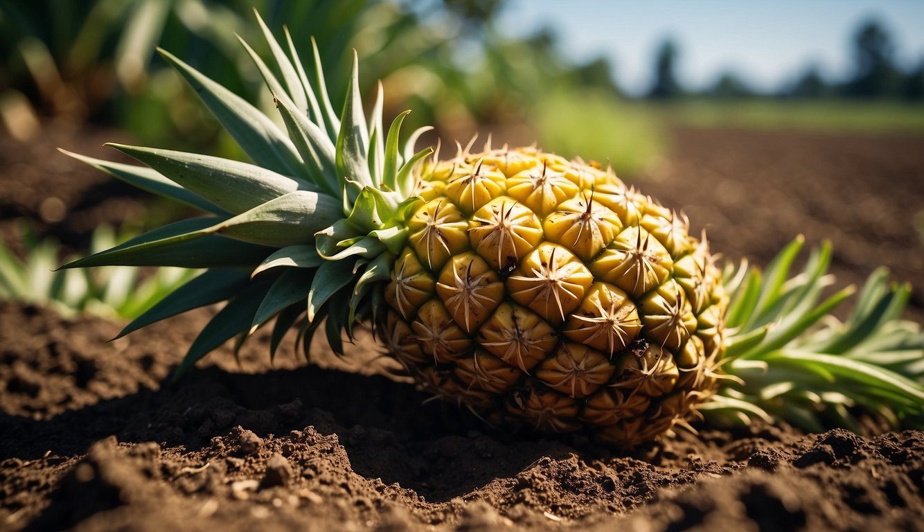 A pineapple top is placed in soil, watered regularly, and given sunlight to encourage fruit development
