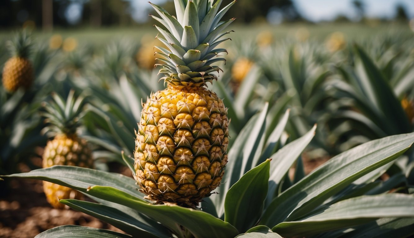 Pineapple plant with mature fruit being harvested, and post-harvest process shown