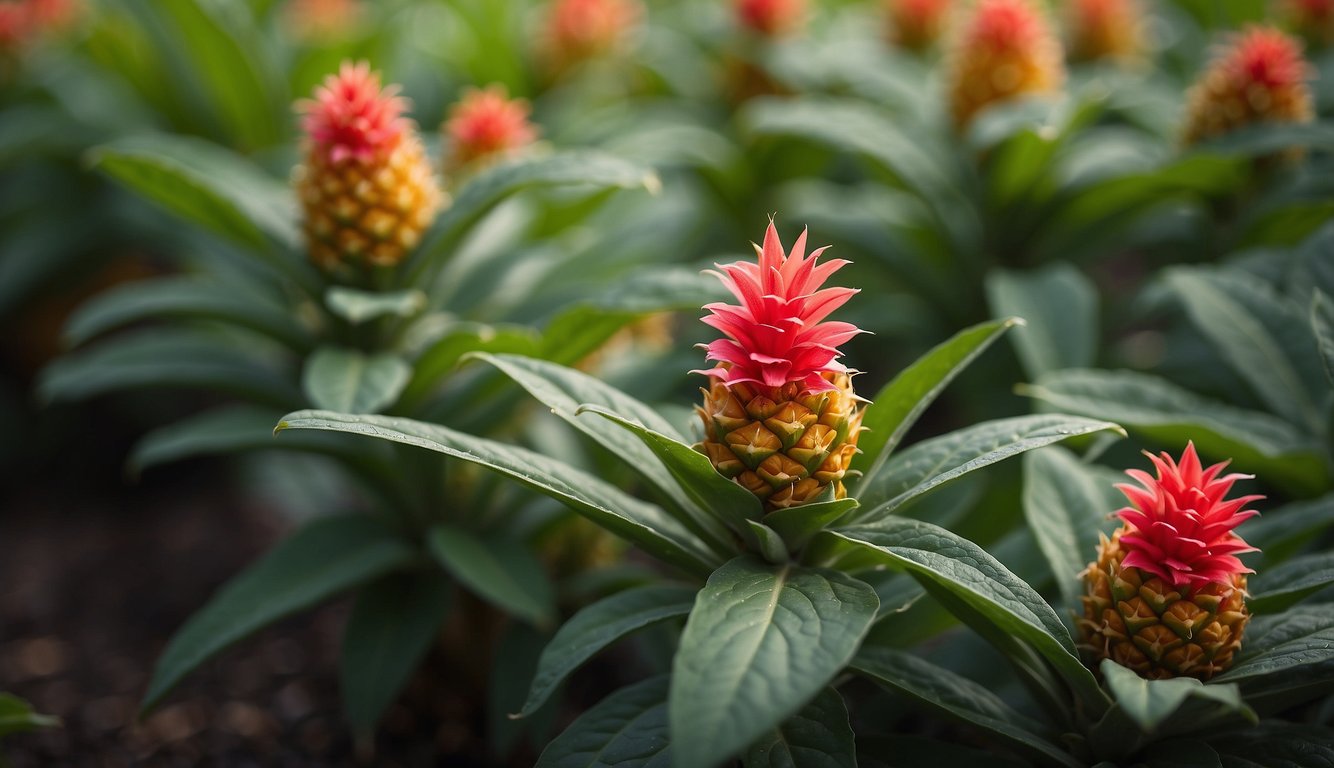 Pineapple sage seeds sprout from the top of a pineapple, growing into lush green plants with vibrant red flowers