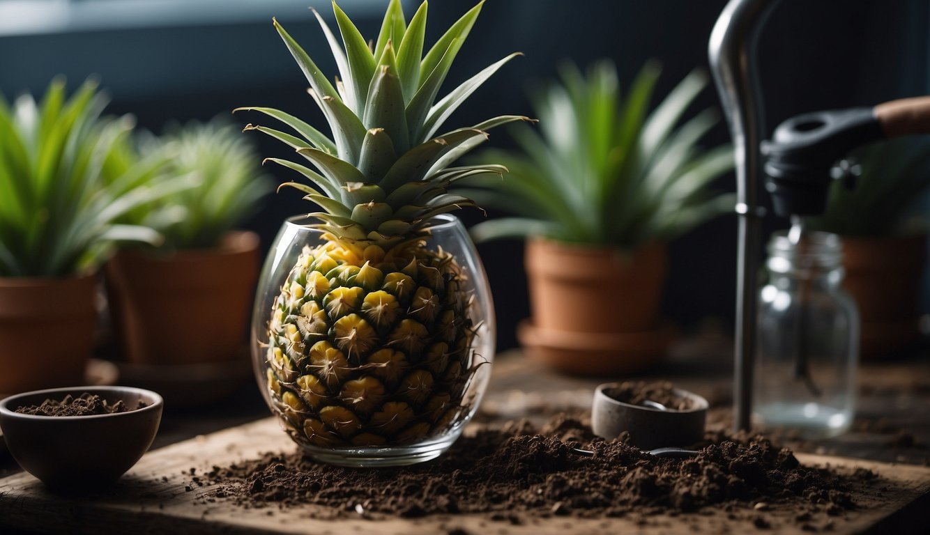 A pineapple top sits in a glass of water, roots beginning to sprout. A hand reaches for a pot of soil and a gardening tool