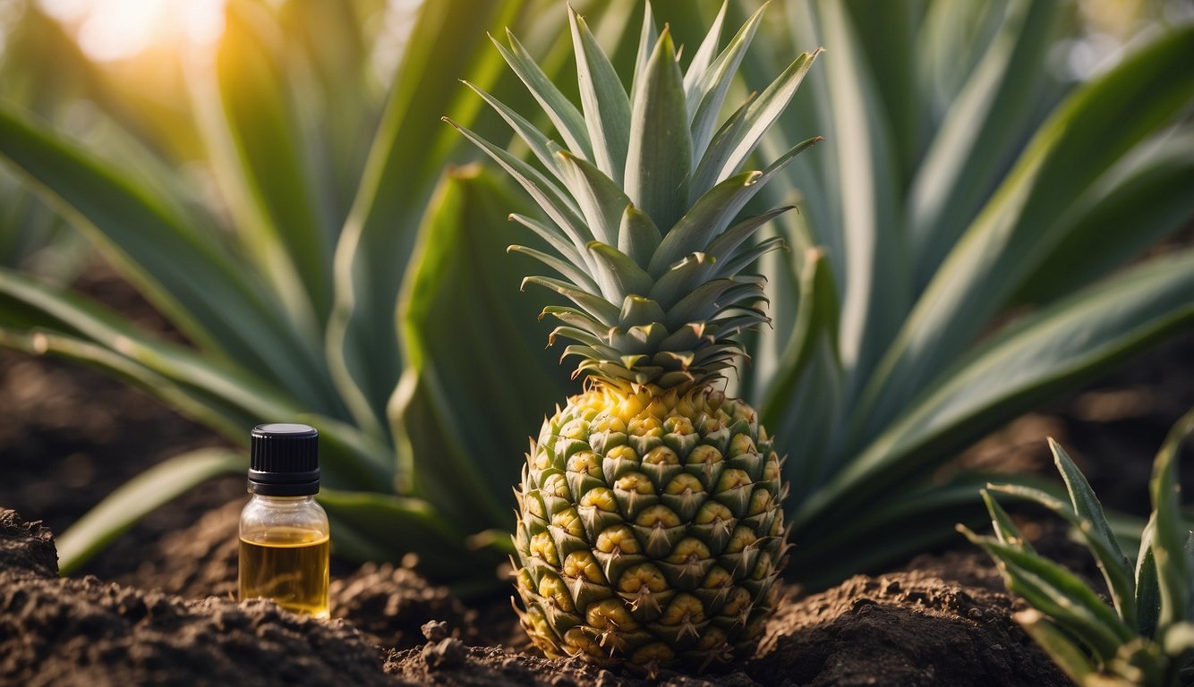 A pineapple plant grows from a pineapple top, surrounded by bottles of essential oil