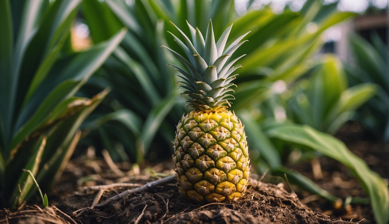 A pineapple plant grows from a pineapple top in a sunny garden, surrounded by lush green leaves and vibrant yellow fruit