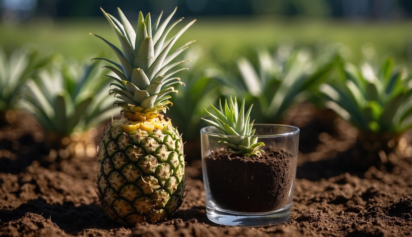 A pineapple top sits in a glass of water, roots emerging. A small pot filled with soil is nearby, ready for planting. A gardening book is open to the page on pineapple cultivation