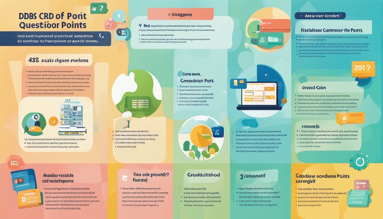 A colorful infographic displaying a list of common questions about DBS credit card points in Singapore, with clear and easy-to-read text and relevant icons for each question