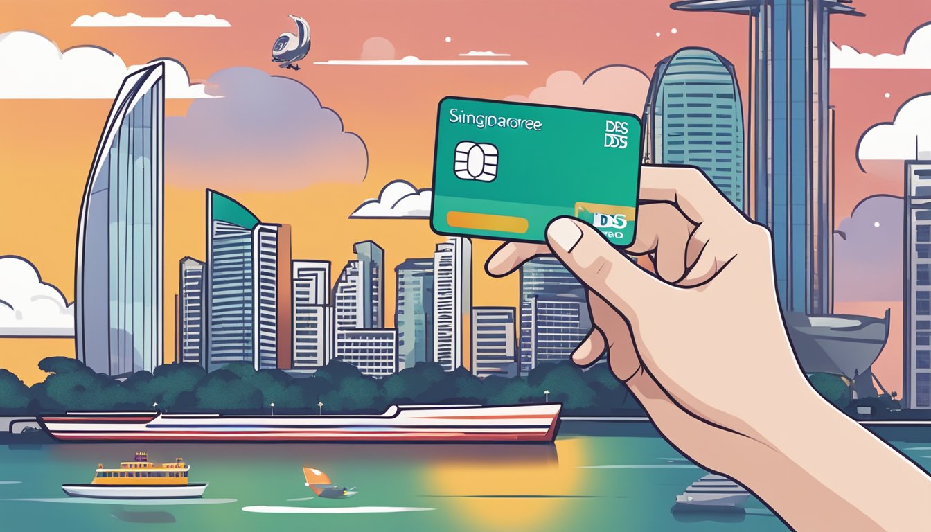 A hand holding a DBS credit card, with a smartphone showing the DBS rewards app open, and iconic Singapore landmarks in the background