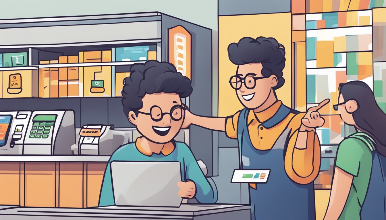 A customer eagerly swipes their DBS credit card at a redemption counter, excitedly pointing to the rewards they want to claim