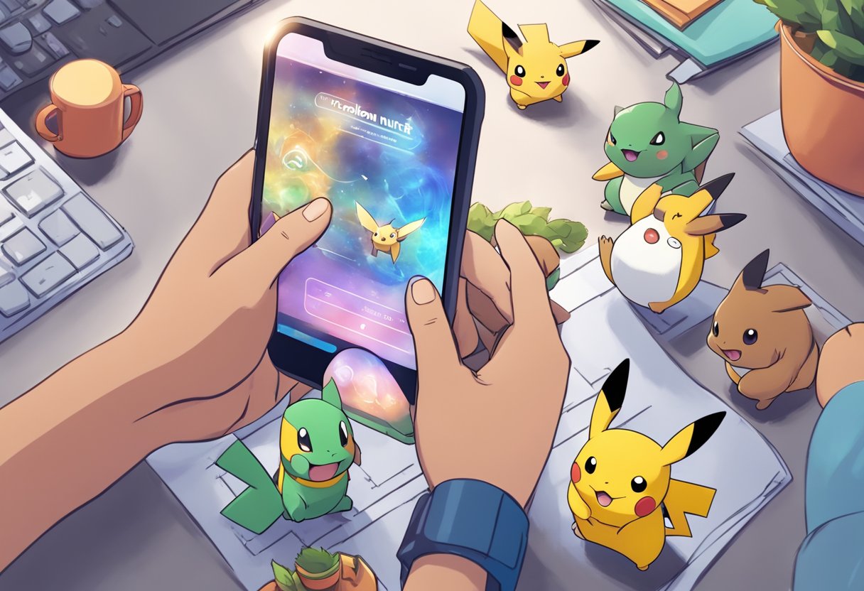 A hand reaches for a mobile device displaying "Pokemon Unite" as it attempts to accept the terms, but encounters an error
