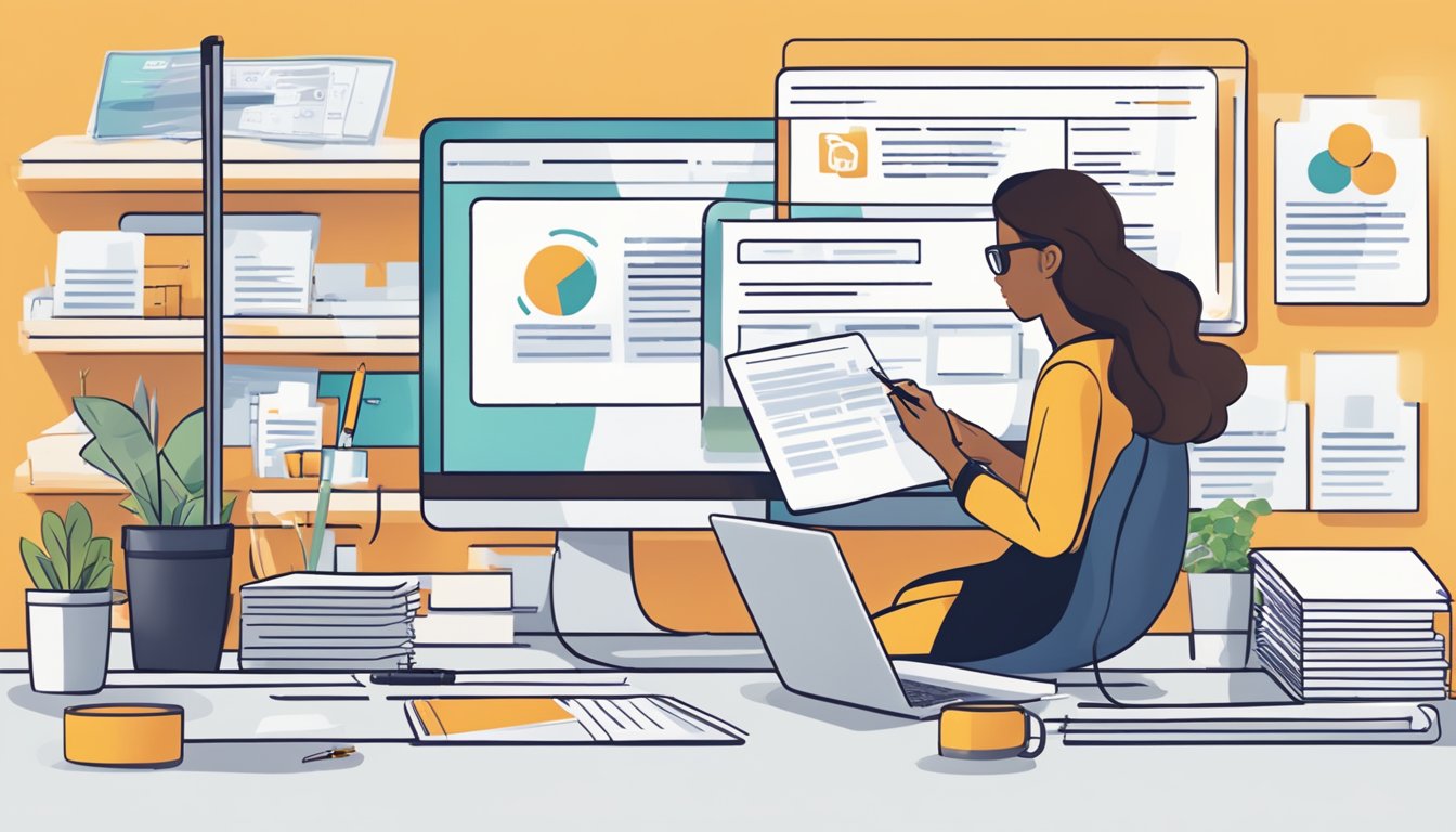 A person filling out a credit card application form with a pen, surrounded by promotional materials and a computer showing the DBS rewards program