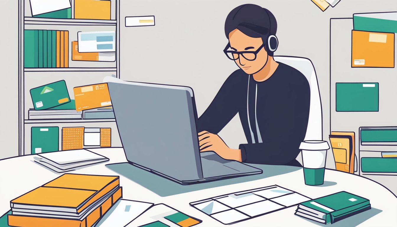 A table with a laptop, a stack of credit cards, and a rewards brochure. A person browsing the internet for information on DBS credit card rewards