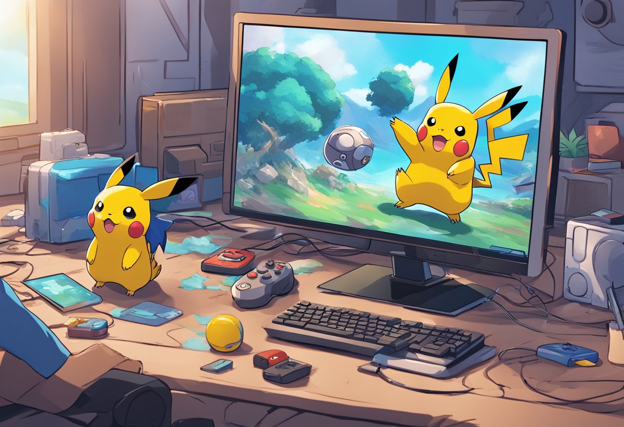 The screen shows a crashed Pokemon Unite game with error messages. A frustrated player stares at the screen, surrounded by gaming peripherals
