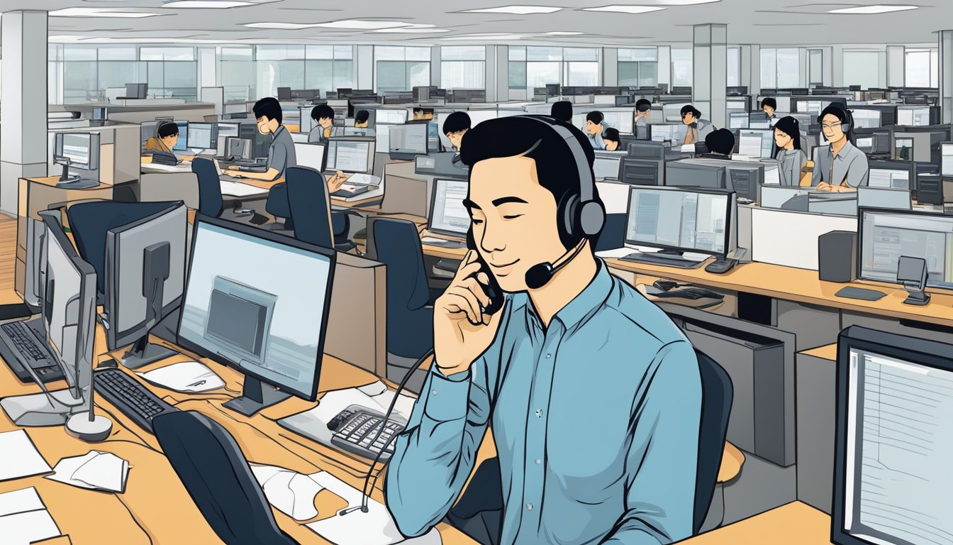 A customer service representative answers calls at the DBS credit card waiver hotline in Singapore. The office is modern and professional, with employees assisting customers over the phone