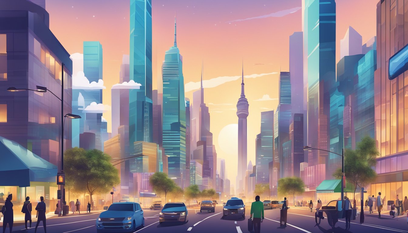 A bustling city skyline with iconic landmarks, modern skyscrapers, and vibrant street scenes. The image should convey a sense of innovation and connectivity