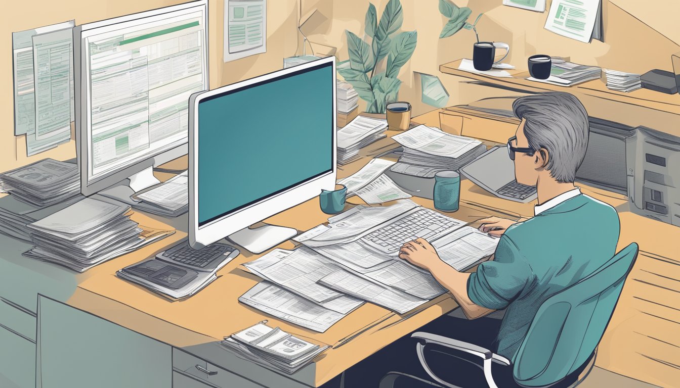A person sitting at a desk, surrounded by bills and financial documents. A computer screen displays the DBS Debt Consolidation Plan website