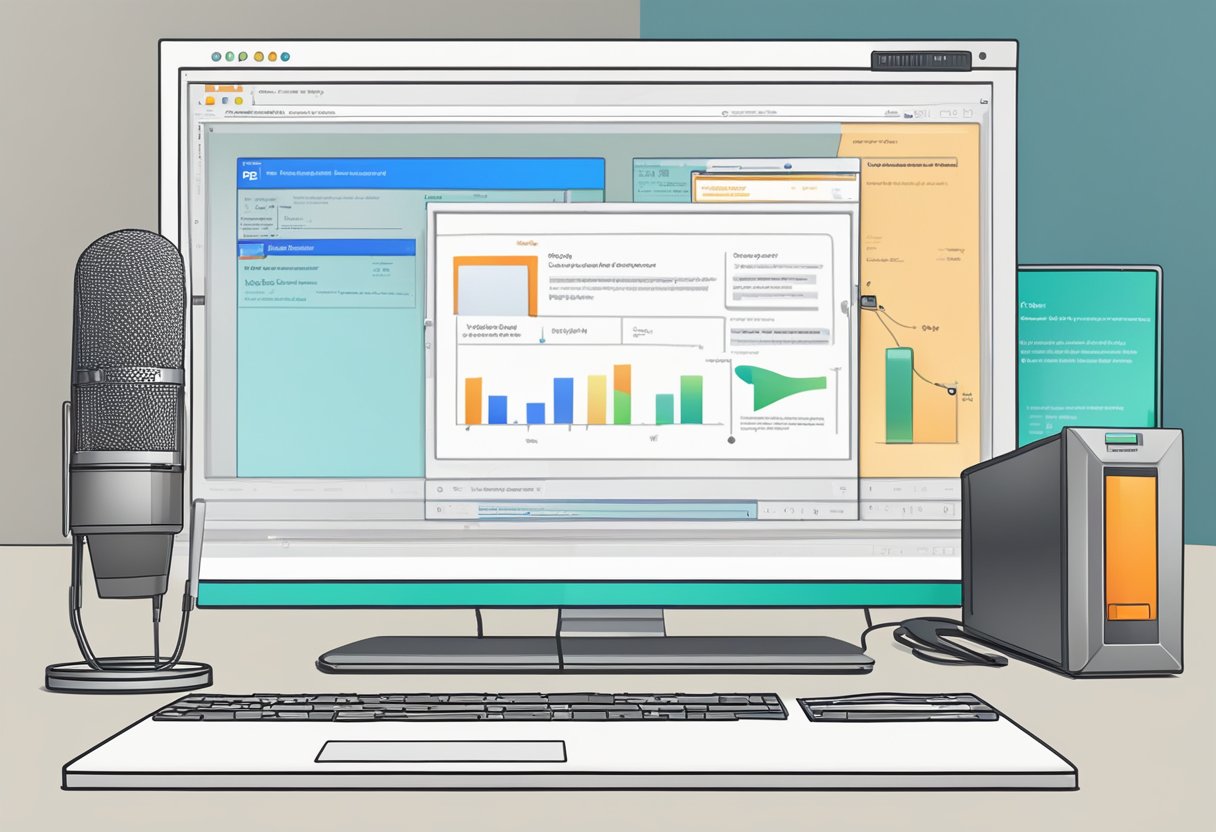 A computer with a PowerPoint window open, a microphone plugged in, and a troubleshooting guide displayed on the screen