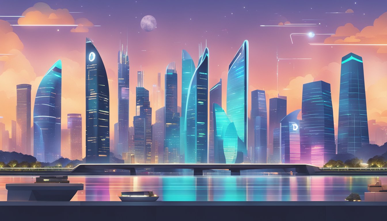 A futuristic city skyline with digital screens displaying the DBS DigiPortfolio app logo, symbolizing the future of investing in Singapore