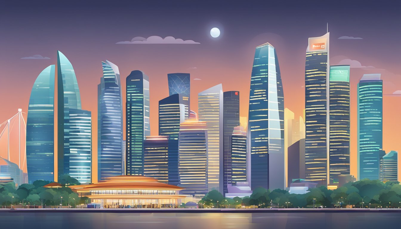 The scene features a smartphone displaying the DBS digiportfolio app with the "Frequently Asked Questions" section open, set against a backdrop of the Singapore skyline