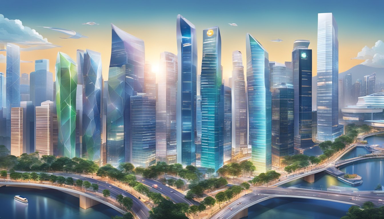 A bustling cityscape with skyscrapers and digital billboards, showcasing the energy and innovation of Singapore's DBS DigiPortfolio performance