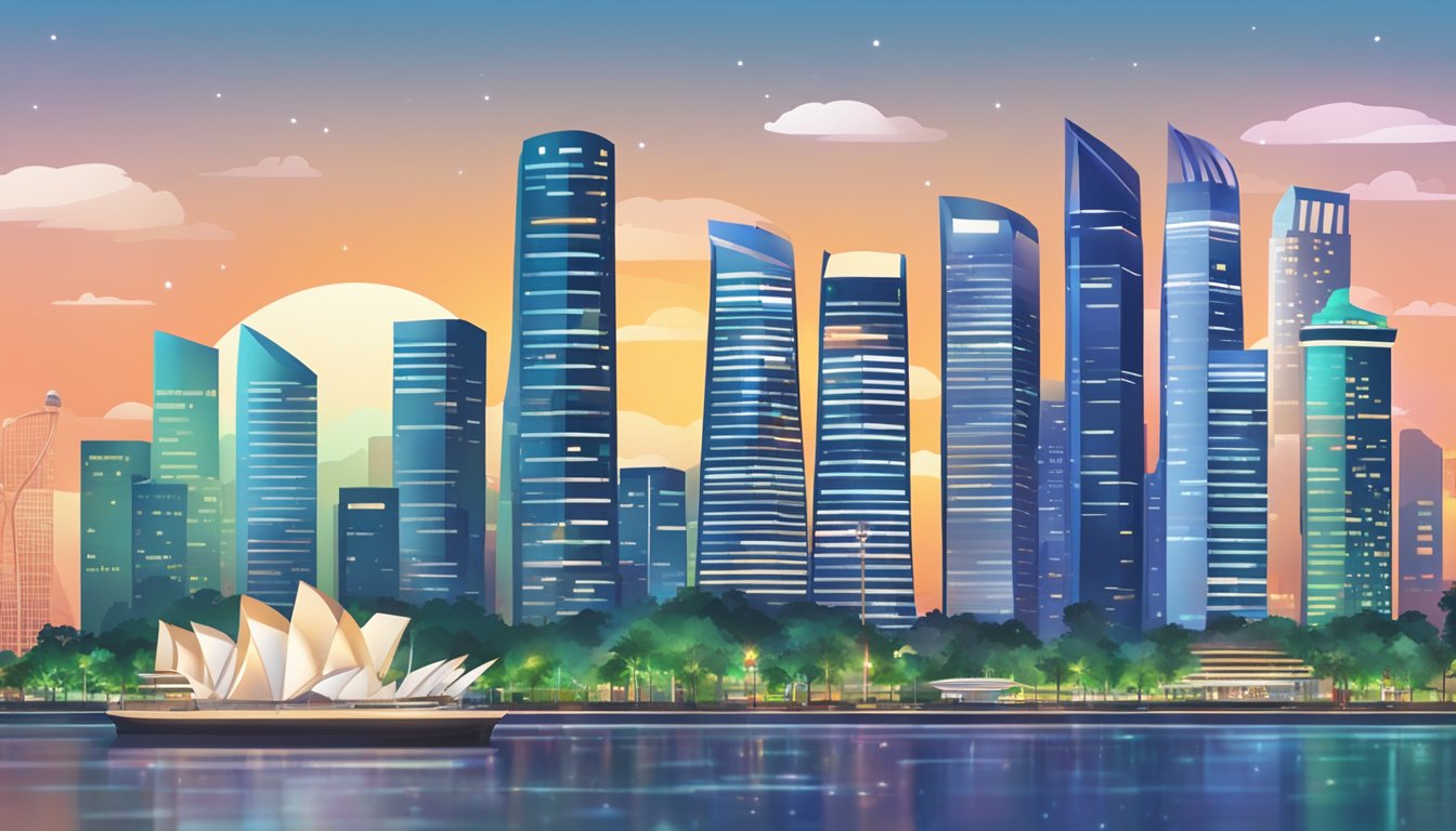 A digital portfolio displaying strong performance charts and positive returns with the Singapore skyline in the background