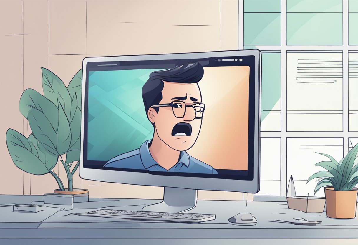 A computer screen displaying a PowerPoint file with a "not saving" error message. A frustrated user staring at the screen with a puzzled expression