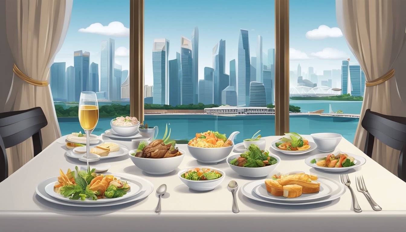 A table set with gourmet dishes, surrounded by elegant decor and a view of the Singapore skyline