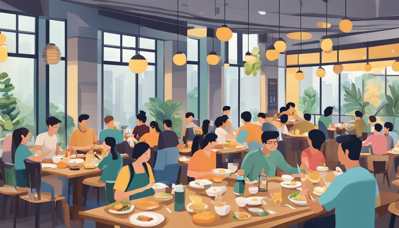 A table set with various cuisines, surrounded by happy diners redeeming DBS Dining Rewards in a bustling Singapore restaurant